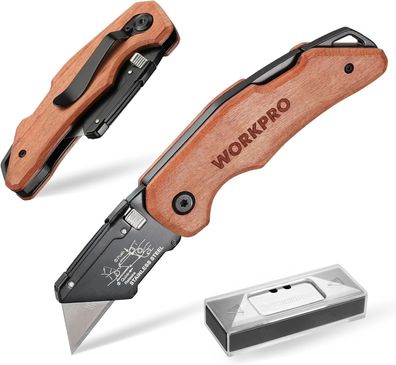 Workpro Teppichmesser Faltbares Universalmesser mit Holzgriff, Cutter Messer