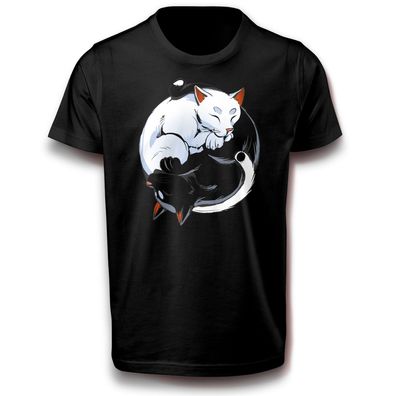 Yin Yang Katzen T-Shirt 152 - 3XL Baumwolle Katze Daoismus Energie Universum Spaß Fun