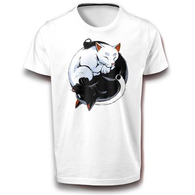 Yin Yang Katzen T-Shirt weiß 152 - 3XL Baumwolle Katze Daoismus Energie Universum