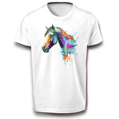 Aquarell Buntes Pferdekopf Design Fun T-Shirt weiß Baumwolle Normalgröße Pferd Tier