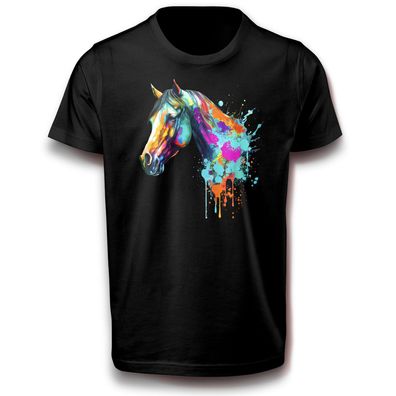 Aquarell Buntes Pferdekopf Design Fun T-Shirt 152 - 3XL Baumwolle Pferd Tier