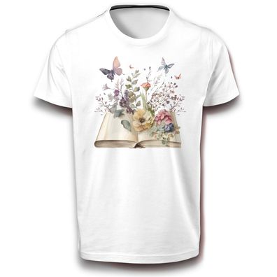 Offenes Buch mit Blumen Magie Magisch Schmetterling Schmetterlinge Insekten T-Shirt