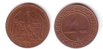 4 Pfennig Kupfer Münze Weimarer Republik 1932 D "Brüning Taler" (109410)