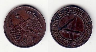 4 Pfennig Kupfer Münze Weimarer Republik 1932 F "Brüning Taler" (106270)
