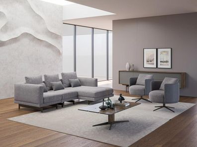 Wohnzimmer Komplett 4tlg 2x Sessel mit Ecksofa L-Form Designer Holz Couchtisch