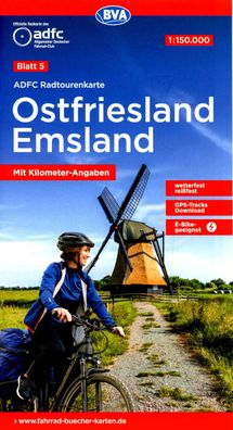 ADFC-Radtourenkarte 5 Ostfriesland / Emsland 1:150.000, reiss- und