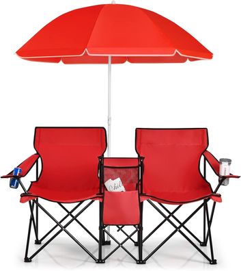 2-Sitzer Campingstuhl mit Sonnenschirm, Kühltasche, Getränkehalter & Seitentasche