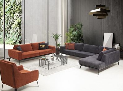 Grau-Orange Couchgarnitur Luxuriöse Wohnzimmer Möbel 3-Sitzer Ecksofa