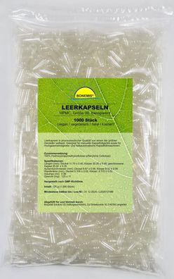 Leerkapseln, 1000 Stück, Größe 00, transparent, HPMC (vegan), Pharmaqualität