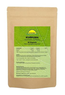 Kurkuma (hochdosiert, mit Piperin, Vollspektrum), 90 Kapseln à 600 mg, Bonemis®