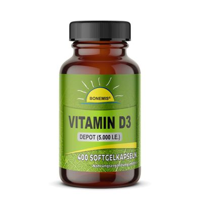 Vitamin D3 Depot, 400 Softgelkapseln à 5.000 I.E., Olivenölbasis, Bonemis®