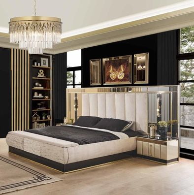 Bett 2 Nachttisch 3tlg Schlafzimm Luxus Designer Möbel Doppelbett Gold Hochglanz