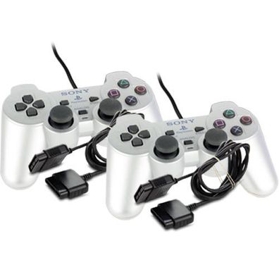 2 Original Playstation 2 Controller - PADS in SILBER - PS2 + 2 Controller Verlänge...