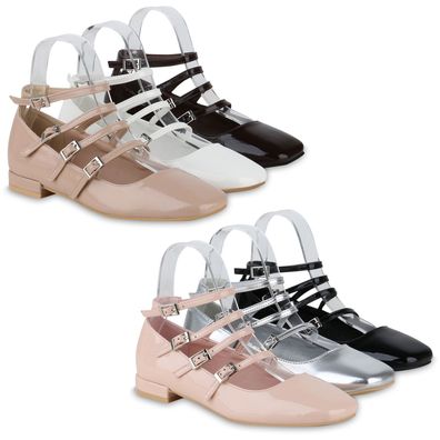 VAN HILL Damen Riemchenballerinas Ballerinas Eckige Lack Riemchen-Schuhe 841180
