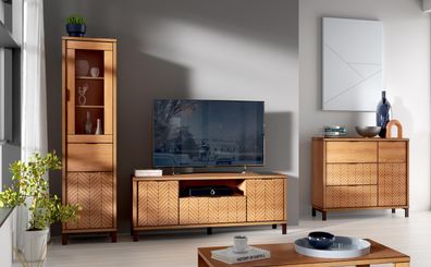 FURNIX 3-teilige Mediawand FELLIO Wohnwand Möbelset mit Metallfüße Karamelleiche