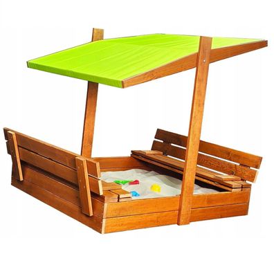 Sandkasten aus Holz mit Sitzbank Dach Abdeckung Imprägniert Sandbox Grün 10772