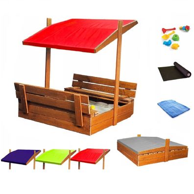 Sandkasten aus Holz mit Sitzbank Dach Abdeckung Imprägniert Sandbox Rot 10773