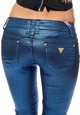 SeXy Miss Damen Röhre Hüft Jeans Hose glänzig schimmernd blau metallic 34 S/ T36