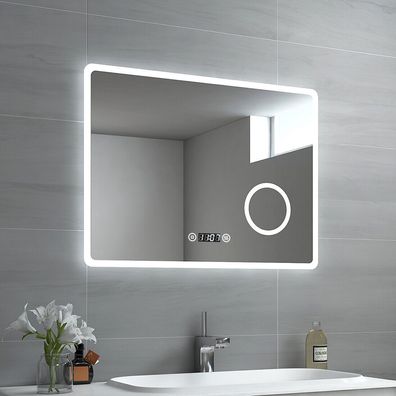 EMKE® LED Badspiegel 80x60 mit Beleuchtung Touch Uhr Kosmetikspiegel Dimmbar Spiegel