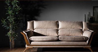 Beiger 3-Sitzer Luxus Sofas Polstermöbel Leder Wohnzimmer Design Möbel