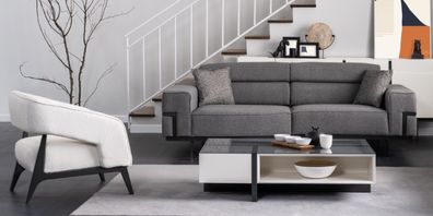 Grau-Weiße Polster Garnitur Wohnzimmer 3-Sitzer Sessel Holz Couchtisch