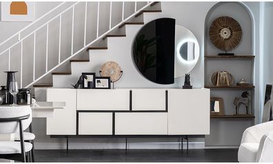 Weiß-Schwarze Esszimmer Anrichte Spiegel Luxus Wandkommode 2tlg Set