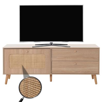TV-Rack HWC-M38, Lowboard Fernsehtisch, Schublade Türe, Kubu Rattan Holz Eiche-Optik