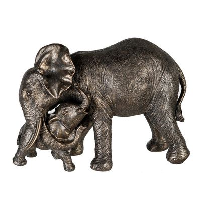 Skulptur Elefant "Zambezi" mit Jungem, Polyresin, 13x29x21cm, grau/ goldfarben,