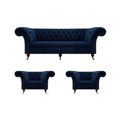 Wohnzimmer Set 3tlg Chesterfield Blau Luxus Dreisitzer Sofa 2x Sessel Neu