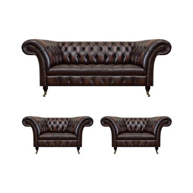 Luxus Braun Leder Sofa Set Wohnzimmer 2x Sessel Dreisitzer Couch Chesterfield