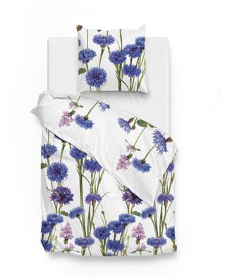 Zo! Home Cotton Bettwäsche 135x200 cm Fien White Blumen Kornblume blau