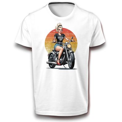Vintage Pin up Mädchen Frau Motorrad Biker Retro Reise T-Shirt DTF Baumwolle