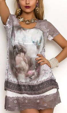 Sexy MiSS Damen Girly Glamour Shirt Strass Vintage Print Tunika Top S/ M 34/36