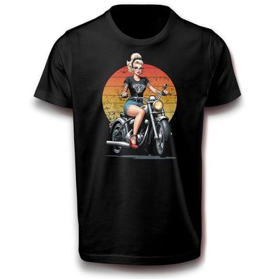 Vintage Pin up Mädchen Frau Motorrad Biker Retro Reise T-Shirt 152 - 3XL Baumwolle