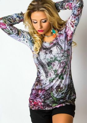Sexy MiSS Damen Girly Glamour Shirt Strass Vintage Print Tunika Top S 34 Spitze