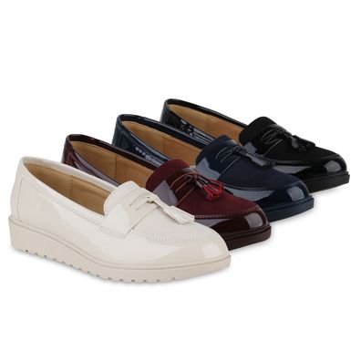 VAN HILL Damen Loafers Slippers Lack Quaste Leder-Optik Profil-Sohle Schuhe 840649