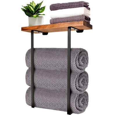 Badezimmer Handtuchhalter, Wandmontage aus Metall, mit Holzablage, 2 in 1, 40x35x12,5
