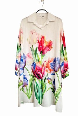 Italy 40 42 44 Blusenkleid Tunika Hemd Alloverprint durchgeknöpft Taschen Tulpen