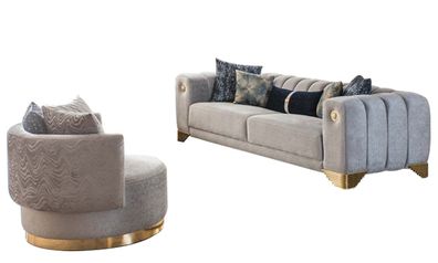 Komplett Wohnzimmer Hochwertig stilvoll 3-Sitzer Couch Modern Grau Sessel