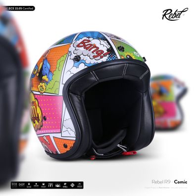 Rebel R9 Comic Jethelm Jet Roller Vespa Mofa Helm Motorrad Retro bunt ECE XS-XXL