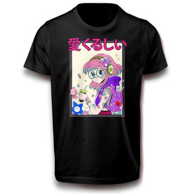 Nettes Anime Mädchen mit Brillen Japan Picknick Liebe Lustig T-Shirt Baumwolle Fun