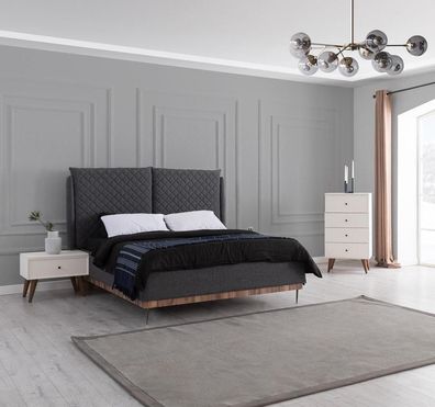 Schlafzimmer Garnitur Schwarzes Doppelbett Weiße 2x Holz Nachttische