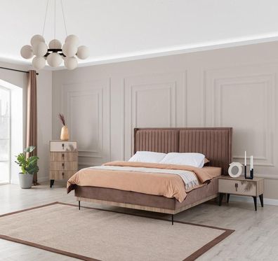 Braunes Schlafzimmer Doppelbett Designer Holz Moderne 2x Nachttische