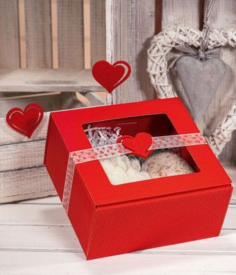 Valentinstag Geschenkkarton Herzchenband & Filz Klebeherzen Geschenkset