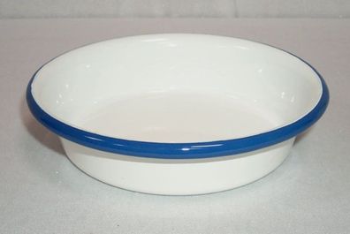 Emaille Platte, Gastro Schale, Anbietschale, Teller, Weiß- blauer Rand 18 cm
