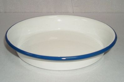 Emaille Platte, Gastro Schale, Anbietschale, Teller, Weiß- blauer Rand 24 cm