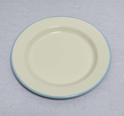 Emaille Teller, Essenteller, Menüteller Servierplatte Creme Rand Hellblau 24 cm