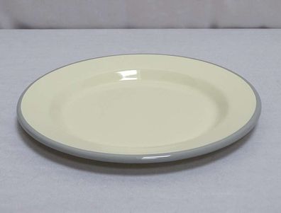 Emaille Teller, Essenteller, Menüteller, Servierplatte Creme Rand Grau 24 cm