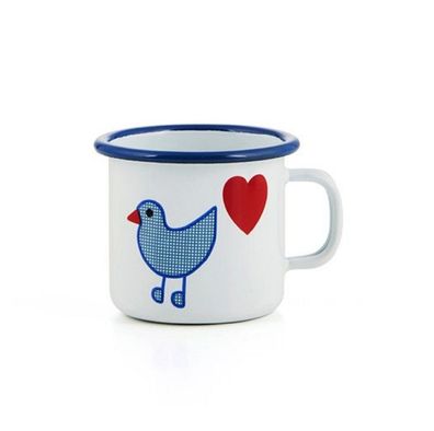 Emaille Tasse, Kinder Henkelbecher "Vogel mit Herz", Becher, Trinkbecher 7 cm