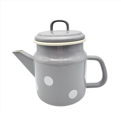 Emaille Teekanne, Deckelkanne, Teepott Grau & Weiße Tupfen 1,0 Liter
